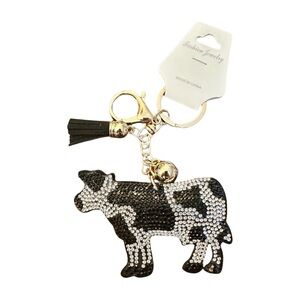 Black and White Cow Keychain with Gold‎ Accents